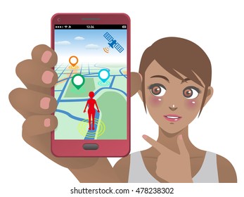 smart phone game application using location information, young woman holding smart phone and pointing screen, vector illustration