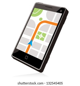 Smart phone with GPS navigation application isolated on white background