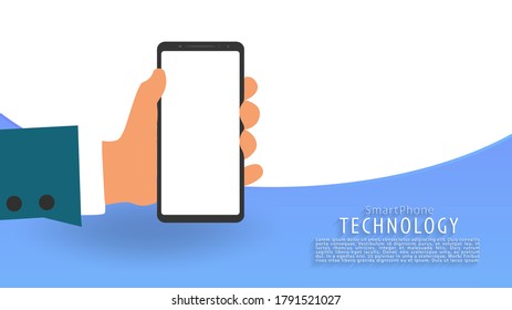 Smart phone in hand, blue striped background, landing page, vector, illustration, eps file