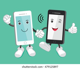 Smart phone hand in hand. Cartoon mobile phone mascot. illustration isolated on white background.