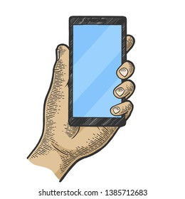 Smart Phone In Hand Color Sketch Engraving Vector Illustration. Scratch Board Style Imitation. Hand Drawn Image.