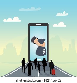 Smart phone with a hand and dollars bag concept vector illustration Online earning future business
