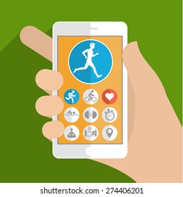 Smart phone in hand. Fitness app concept on touchscreen. Flat design vector illustration