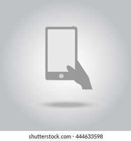 Smart phone with hand holding icon with shadow vector : illustration background and icon for business and finance