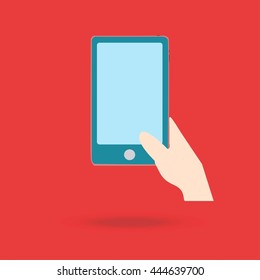 Smart phone with hand holding icon with shadow vector : illustration background and icon for technology