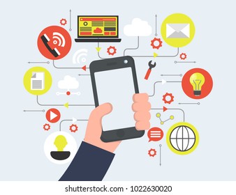 Smart phone in hand. Media icons. Vector. Flat design. Vector illustration in a flat style