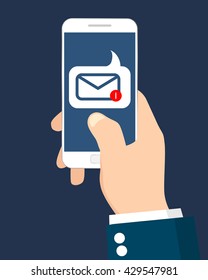 Smart phone in hand with message, vector illustration.