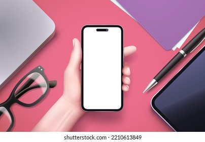 Smart phone with a hand on the background of devices, a desktop with a tablet and a computer. Vector illustration