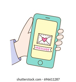 Smart phone in hand. On the screen notification of an incoming message. Vector image.