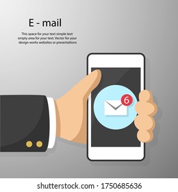 Smart phone in hand for sending e-mail simple flat style with empty space for your text. Business and finance concept vector  for your design work, presentation, website or others.