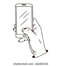 Smart phone in hand. Thumb touching screen. Freehand vector drawing. Symbol or icon, element for design.