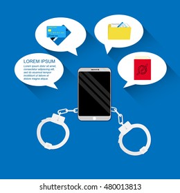 Smart phone, Handcuffs and Dialogs template that show type of data or Information in smart phone that may steal by hacker.