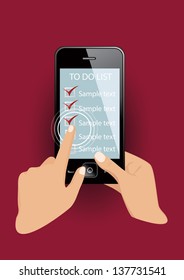 Teléfono inteligente en mano con lista de verificación.  Ilustración del vector eps10.
