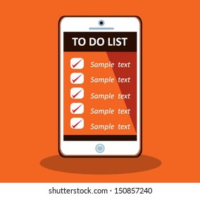Smart phone in hands with check list. Vector eps10 illustration.