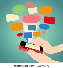 Smart phone in hands  Paper Speech Bubble. Vector eps10 illustration.