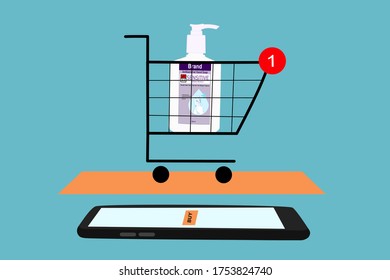 Smart phone has ‘buy’ orange button on screen. The shopping cart has a hand soap bottle inside. Contactless online purchase of goods using your phone. Digital Wireless app Technology.