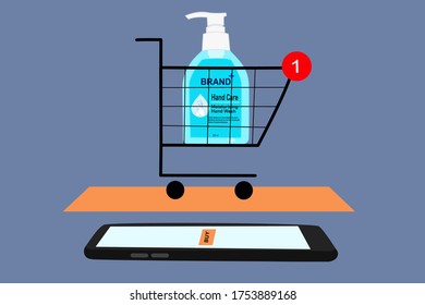 El teléfono inteligente tiene el botón naranja de ‘comprar’ en pantalla. El carrito de la compra tiene una botella de jabón a mano dentro. Compra en línea sin contacto de artículos usando tu teléfono. Tecnología de aplicaciones inalámbricas digitales.