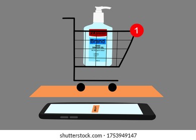 El teléfono inteligente tiene el botón naranja de ‘comprar’ en pantalla. El carrito de la compra tiene una botella de sanitizer de mano dentro. Compra en línea sin contacto de artículos usando tu teléfono. Tecnología de aplicaciones inalámbricas digitales.