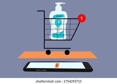 El teléfono inteligente tiene el botón naranja de ‘comprar’ en pantalla. El carrito de la compra tiene una botella de jabón a mano dentro. Compra en línea sin contacto de artículos usando tu teléfono. Tecnología de aplicaciones inalámbricas digitales.