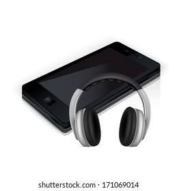 smart phone and headphones isolated on white