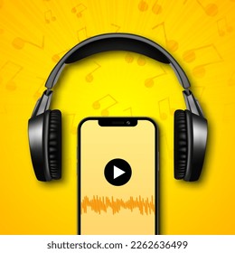 Smart phone with headphones on a yellow background. Music concept. EPS10 vector