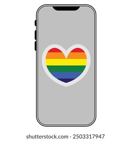 smart phone and heart shaped lgbtq flag icons in grey scale isolated on white background.