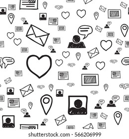 Smart phone, hearts, love SMS and communications seamless pattern. Hand drawn interaction icons randomly placed on white background. Wrapping or web repeating texture. Vector eps8 illustration.