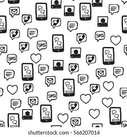Smart phone, hearts, love SMS and communications seamless pattern. Hand drawn interaction icons randomly placed on white background. Wrapping or web repeating texture. Vector eps8 illustration.