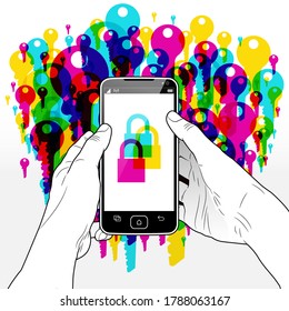 A Smart Phone held with both hands. A set of 3 coloured padlocks are presented on screen against a cloud of multi- coloured keys.