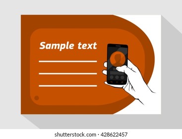Smart phone hold in hand design for business card on the orange background