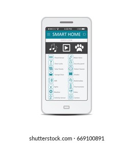 Smart phone with smart home application on the screen isolated on white, technology conceptual system with centralized control of lighting,security and video surveillance,vector illustration.
