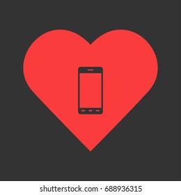 Smart phone icon flat. Simple pictogram on heart background. Vector illustration symbol