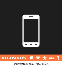 Smart phone icon flat. White pictogram on black background. Vector illustration symbol and bonus button tooth, vase, star, mirror, bottle