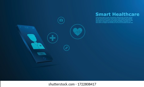 Smart phone and icon healthcare with covid-19 coronavirus background.Health technology concept.