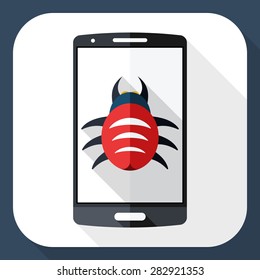 Smart phone icon infected by malware with long shadow