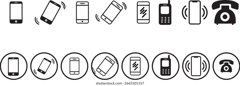 Folha de ícone de telefone inteligente, telefone celular, conjunto de vibração, celular diferente e arquivo de vetor de ícone de telefone.