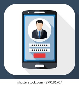 Smart phone icon with user login form and long shadow