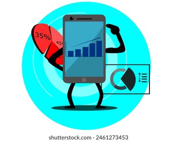smart phone illustration with graph, thinking, flat vector.