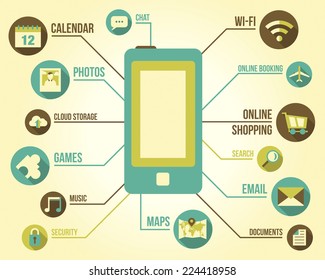 Smart phone illustration with lots of application icons
