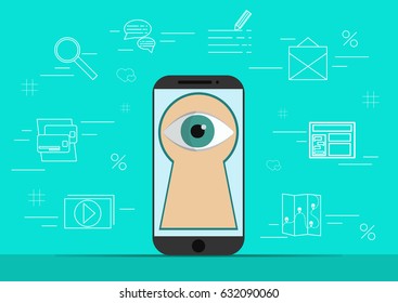 Smart phone with image of eye.Background with simple line style icons.The concept of security and protection of electronic virtual information in gadgets and social networks of the Internet.