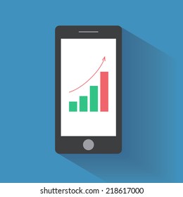 Smart phone with increasing bar chart on the screen. Using smartphone similar to smart phone for business flat design concept. Eps 10 vector.