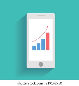 Smart phone with increasing bar chart on the screen. Using smartphone similar to iphone for business, flat design concept. Eps 10 vector.