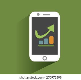 Smart phone with increasing bar chart on the screen. Using smartphone similar to smart phone for business flat design concept. Eps 10 vector.