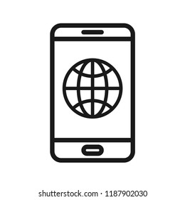 Smart Phone With Internet Icon On Screen. Flat Simple Design. Line Vector. Isolate On White Background.