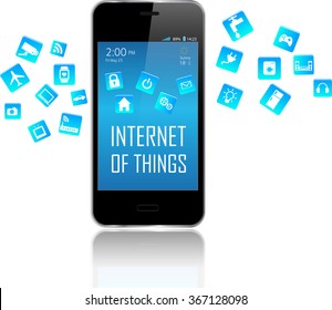 Smart Phone With Internet Of Things (IoT) Objects Icon Connecting Together. Internet Networking Concept.Application Coming Out From Smart Phone White Background.  Internet Of Things/Internet Of Things