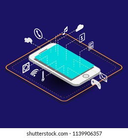 Smart Phone Isometric In 3d Style, Show Parts Of Device Floating On The Board, Vector Illustration