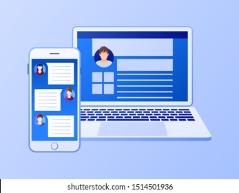 Smart phone with laptop on simple background. Social media marketing concept. Flat style design with gradient. Modern vector.