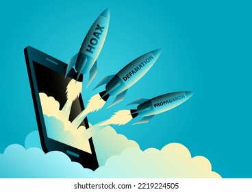 Smart phone launching rockets that read hoax, defamation and propaganda, proxy war concept, digital and social media war, vector illustration