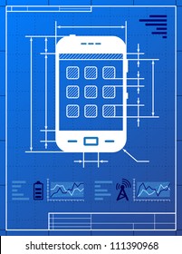Smart phone like blueprint drawing. Stylized drawing of smart-phone on blueprint paper