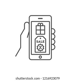 Smart phone linear illustration, hand holding mobile device with gift box icon on the screen, isolated vector